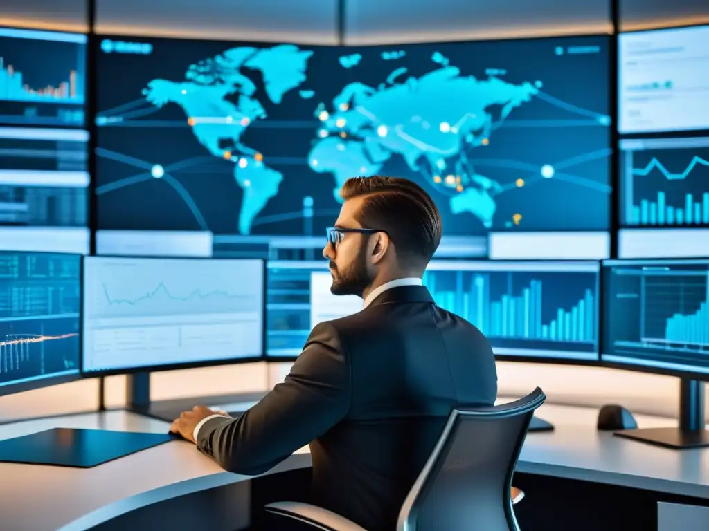 Experto en redes: Administrador de red enfocado en pantalla 8K Administrador de red concentrado en su moderno escritorio con múltiples pantallas mostrando complejos diagramas y visualizaciones de datos