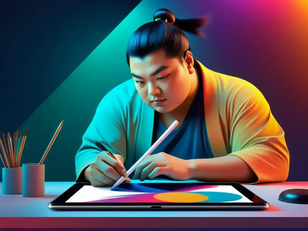Maestría digital: Sumo Paint y el arte visual Un artista digital crea una impresionante obra maestra en Sumo Paint diseño gráfico online, en un espacio minimalista futurista