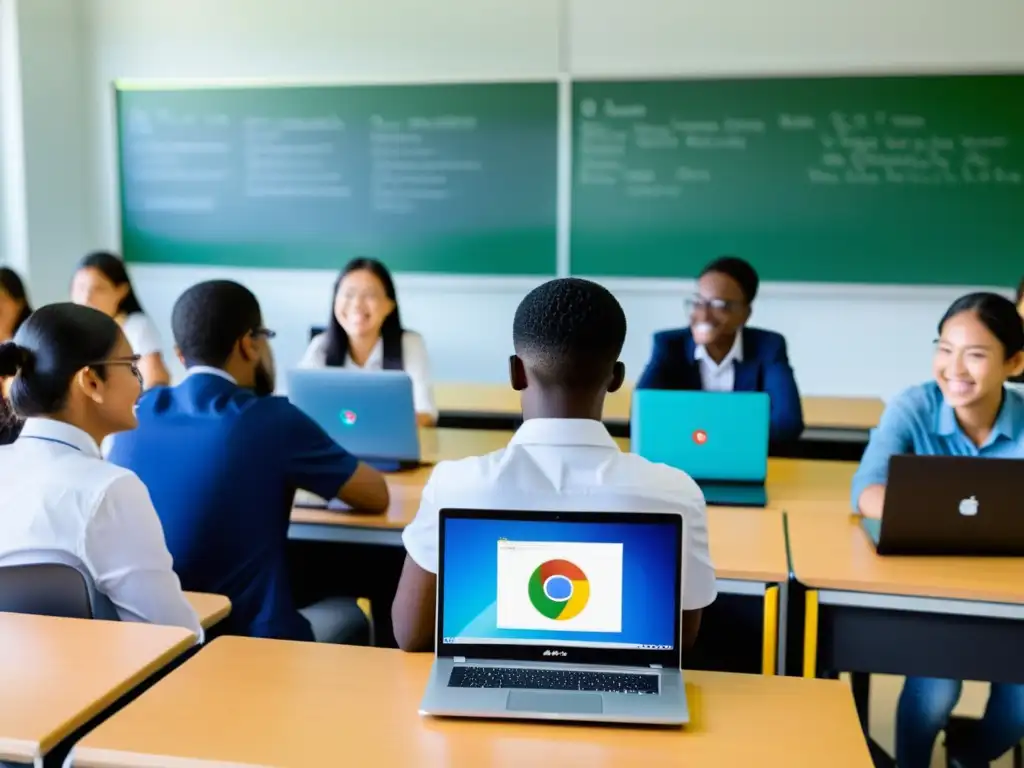 Revolución educativa: software innovador en acción En un aula, los estudiantes usan software menos conocido en educación en sus modernas laptops mientras el profesor observa con satisfacción