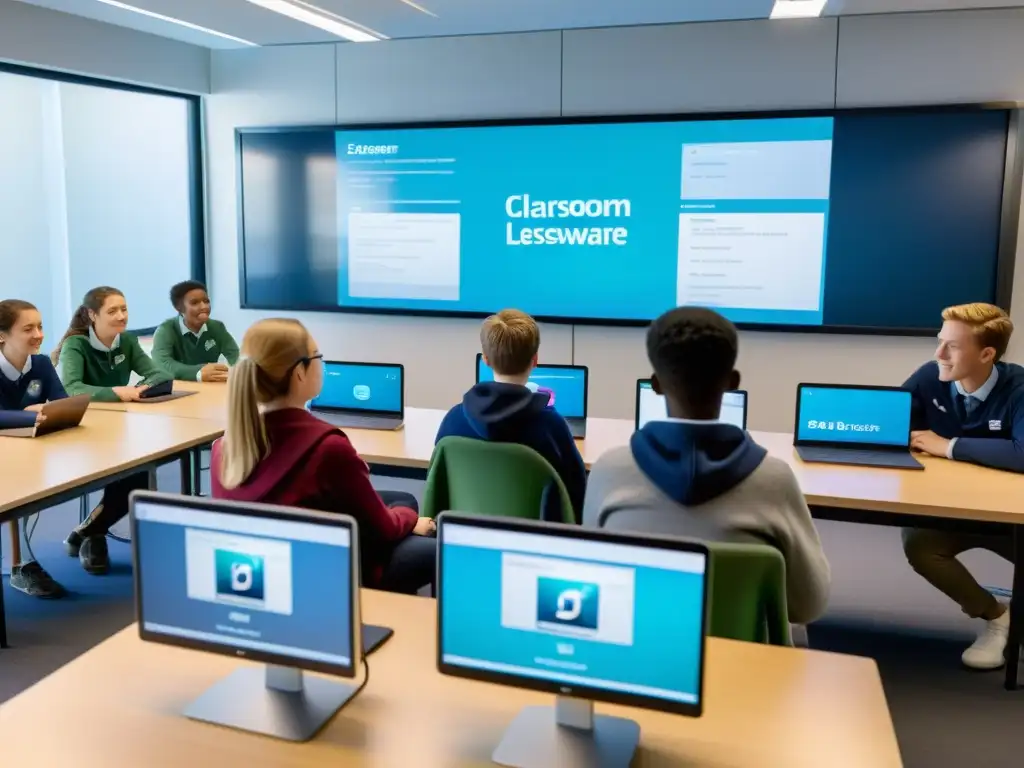 Transformación educativa: estudiantes exploran software innovador Un aula llena de estudiantes usando software menos conocido en educación en modernos dispositivos