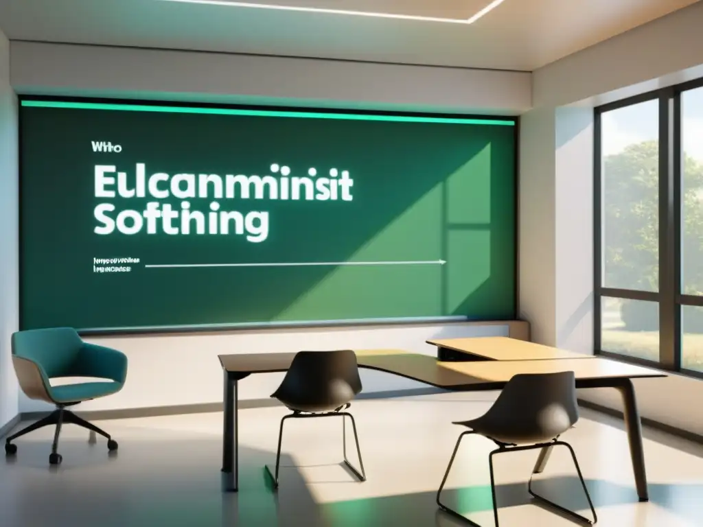 Entorno de aula minimalista con innovador software educativo Un aula minimalista con un escritorio y silla modernos