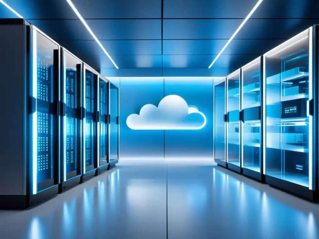 Infraestructura de nube minimalista y futurista para análisis predictivo Avanzada infraestructura de computación en la nube con plataformas de análisis predictivo, reflejando un ambiente futurista y de alta tecnología