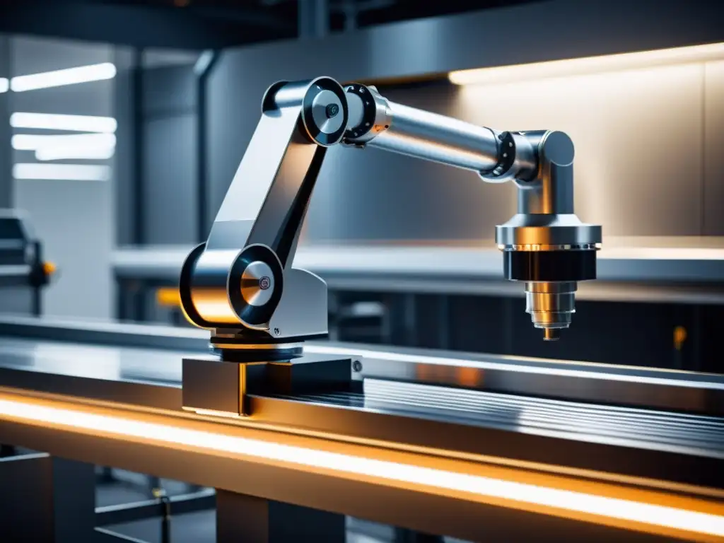 Robótica de vanguardia: precisión industrial en acción Un brazo robótico con cámara de alta tecnología inspecciona producto en una línea de fabricación futurista
