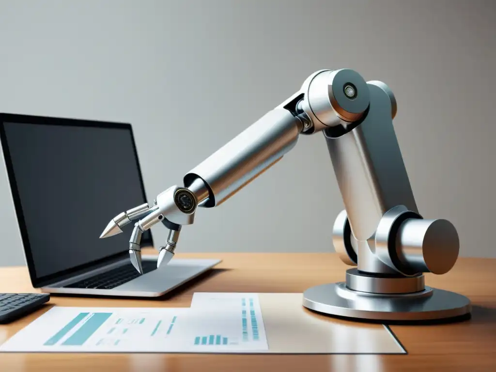 Robot arm: eficiencia moderna en la oficina Un brazo robótico eficiente y elegante realiza tareas en una oficina moderna