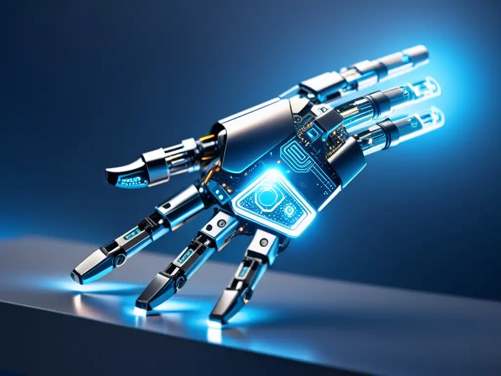 Mano de robot futurista tocando interfaz brillante Un brazo robótico futurista alcanza una interfaz brillante, rodeado de luz azul