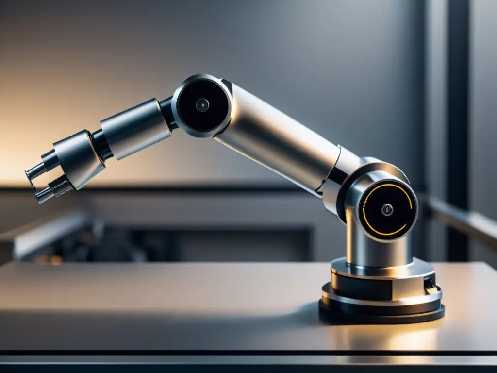 Robótica futurista: brazo industrial con visión computarizada Un brazo robótico futurista con sensores de visión por computadora menos conocido, realizando una tarea con precisión en un entorno industrial moderno