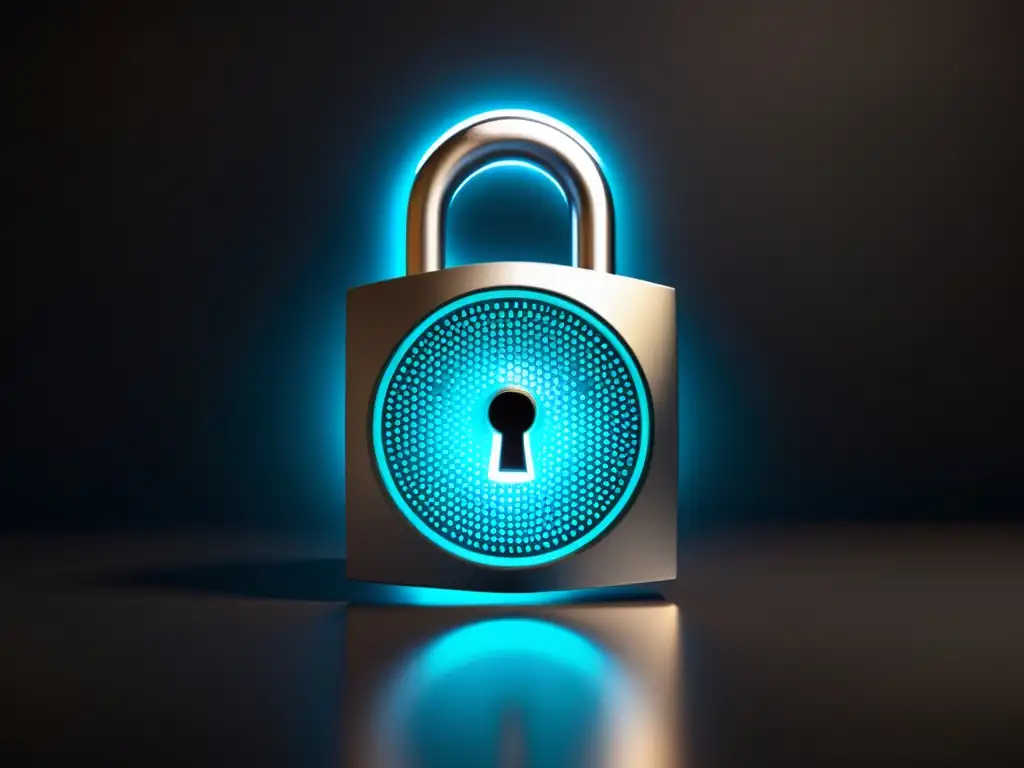 Padlock digital de alta seguridad con tecnología futurista Un candado digital futurista brilla con complejos algoritmos criptográficos