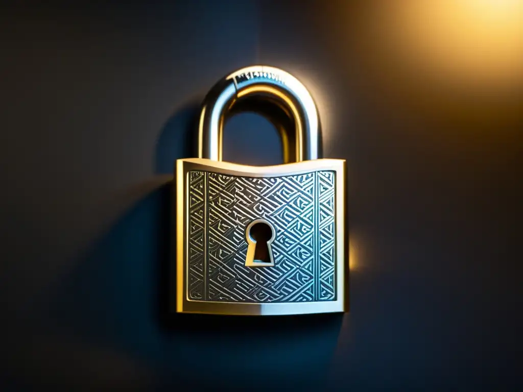 Padlock geométrico brillante en la oscuridad Un candado moderno y elegante con patrones geométricos, bañado en luz cálida, sobre fondo negro, evocando sofisticación y misterio