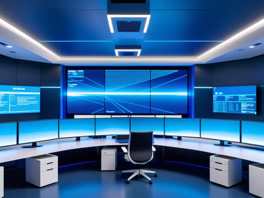 Centro de Operaciones de Red (NOC) de Alta Tecnología Centro de operaciones de red (NOC) minimalista con estaciones de trabajo modernas, pantallas grandes mostrando datos en tiempo real y una estética futurista de alta tecnología