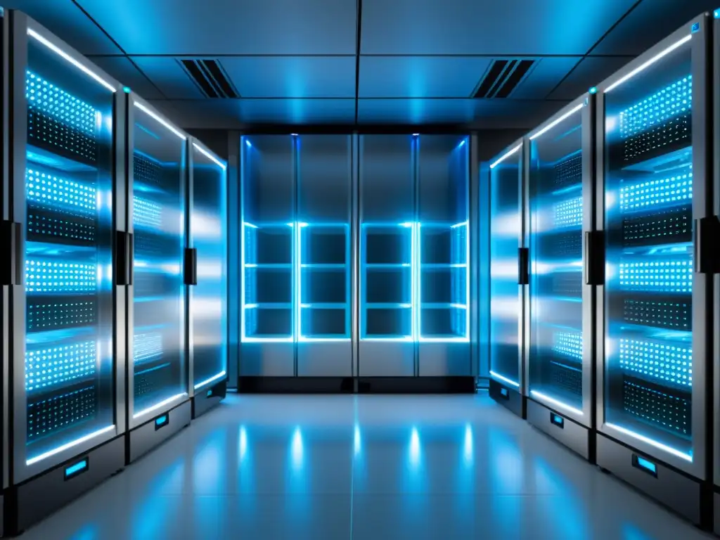 Servidores de Cloud Computing: Eficiencia y Tecnología Avanzada Un centro de servidores en la nube con estética minimalista, eficiencia y un suave brillo azul