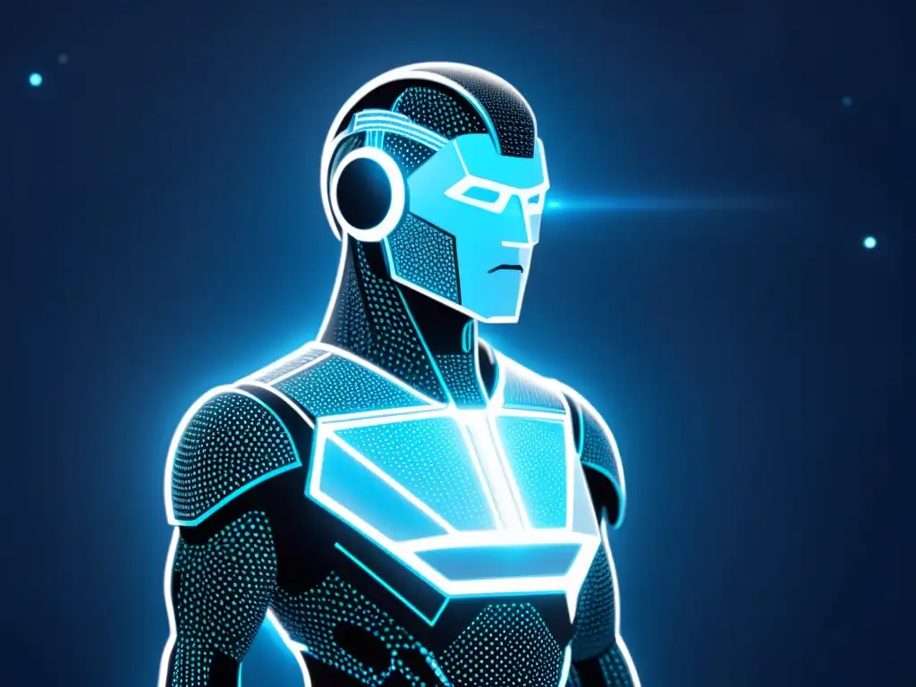 Guardián cibernético futurista con brillo azul Un cibercentinela futurista resguarda una red de dispositivos interconectados, con patrones de circuitos visibles