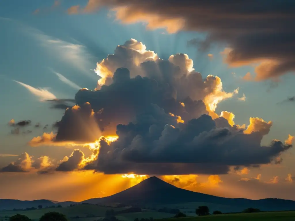 Atardecer sereno: cielo despejado con el sol entre nubes Un cielo nublado con el sol brillando entre las nubes, iluminando un paisaje sereno