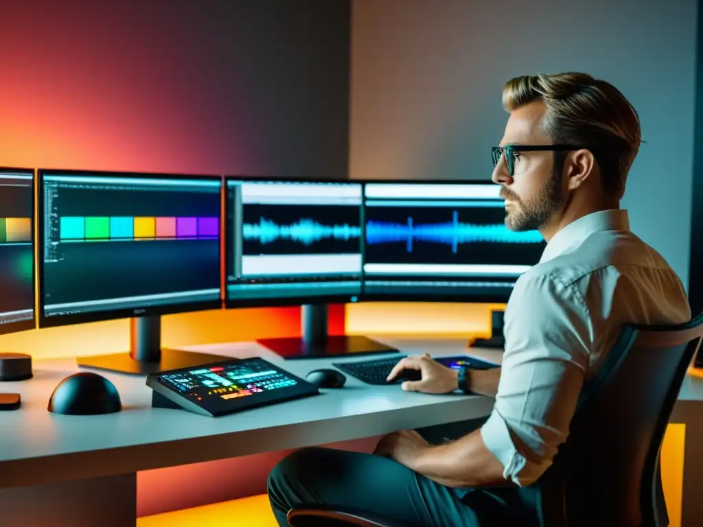 Experto en color grading ajusta niveles con precisión Un cineasta profesional ajusta meticulosamente los niveles de color en su estación de trabajo, rodeado de un entorno minimalista y moderno
