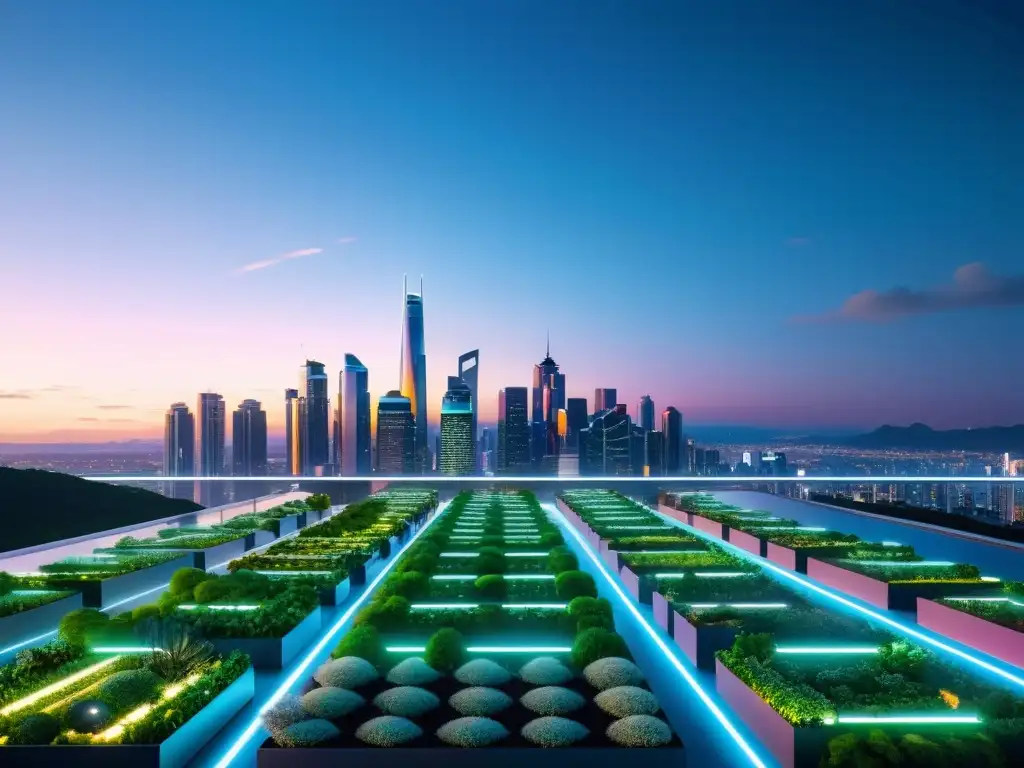 Skyline futurista: Ciudad en 8K con tecnología BI Una ciudad futurista con edificios iluminados y jardines verticales, reflejando la integración de BI no convencional en sectores urbanos