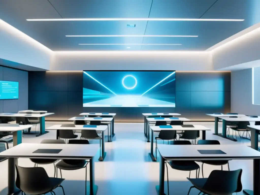 Aula futurista con tecnología holográfica y estudiantes comprometidos Clase futurista con tecnología educativa y análisis predictivo, ambiente innovador y estudiantes comprometidos