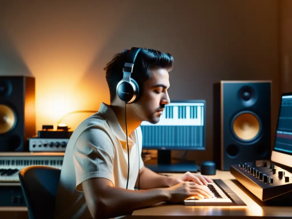 Compositor inmerso en la creación de banda sonora indie Un compositor crea la banda sonora de un juego indie, rodeado de instrumentos y tecnología, sumergido en una atmósfera serena y enfocada