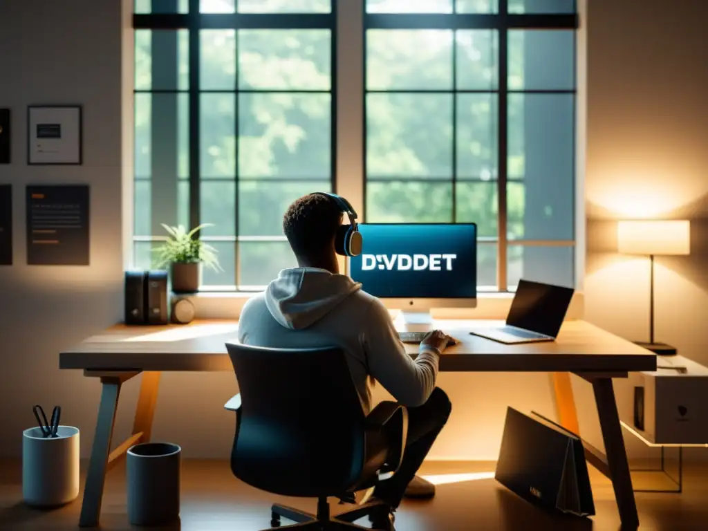 Desarrollador indie en su espacio creativo Un desarrollador de juegos indie Java en un entorno minimalista y sereno, rodeado de herramientas de trabajo y una taza de café, bajo la suave luz natural