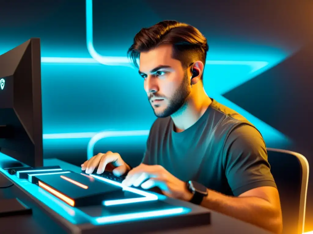 Desarrollador de juegos ajustando configuraciones en consola Un desarrollador de juegos indie ajusta estrategias en un entorno futurista, rodeado de líneas de datos brillantes