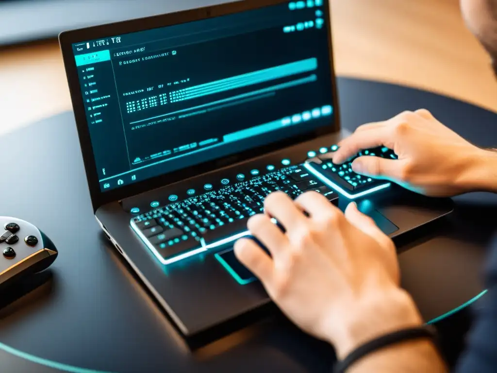 Desarrollo de videojuegos: precisión y dedicación en cada detalle Un desarrollador de juegos indie optimiza con atención una consola, reflejando profesionalismo y dedicación