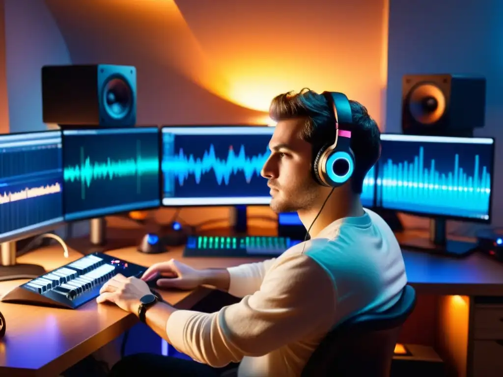 Desarrollador de juegos indie crea experiencia sonora envolvente Un desarrollador indie de juegos crea la banda sonora de su juego, rodeado de instrumentos y equipamiento de sonido, concentrado en su trabajo