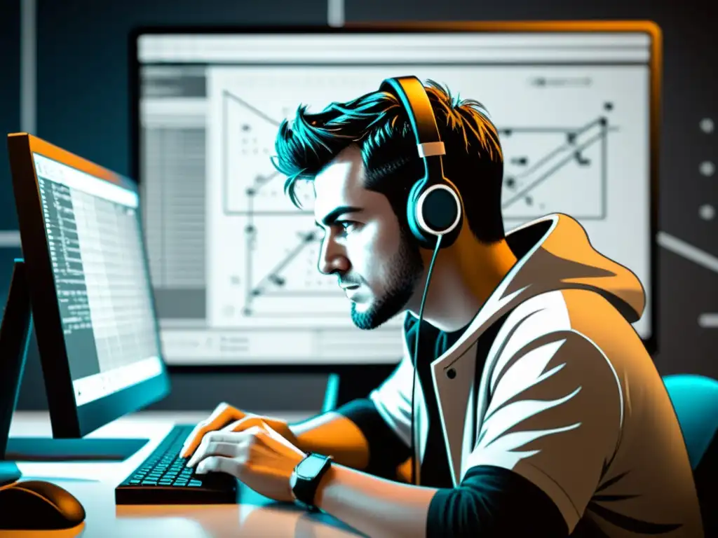 Desarrollador de juegos en Linux: Concentración creativa Un desarrollador de juegos indie trabaja en su computadora Linux, inmerso en líneas de código y bocetos de diseño