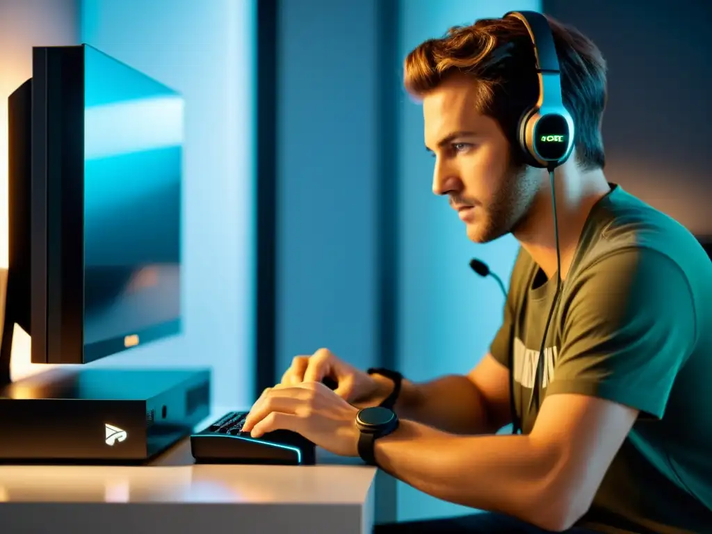 Desarrollador de juegos ajustando gráficos en consola de juego Un desarrollador de juegos indie ajusta estrategias de optimización en una consola, con dedicación y precisión