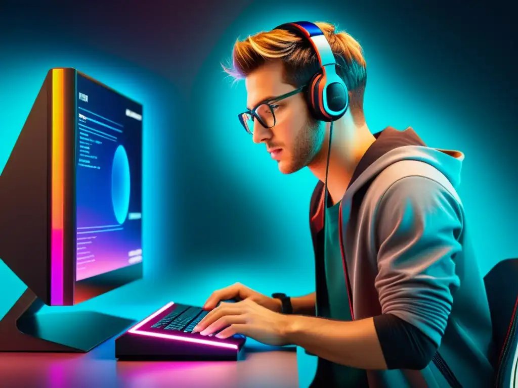 Desarrollador de juegos optimizando código en consola futurista Un desarrollador de juegos indie optimiza estrategias en consolas, rodeado de tecnología futurista