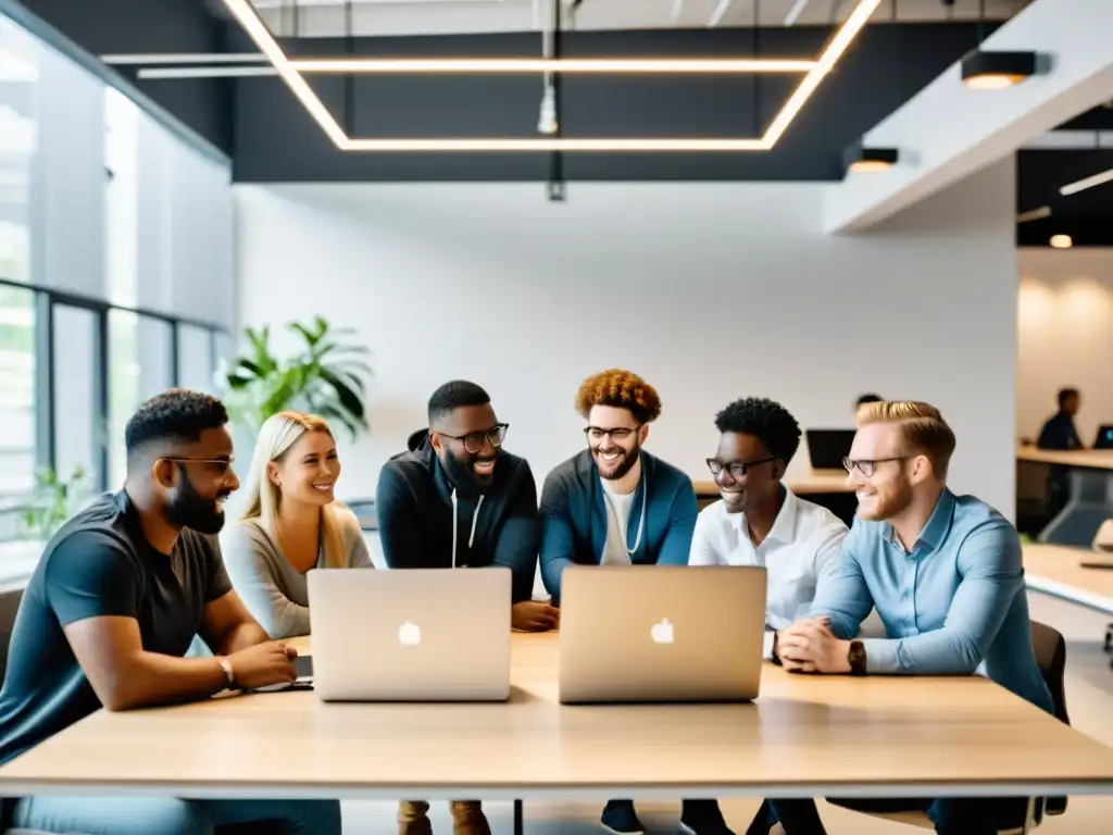 Equipo global de desarrolladores en acción Desarrolladores globales colaborando en un ambiente profesional y unido, utilizando herramientas colaborativas para desarrolladores globales