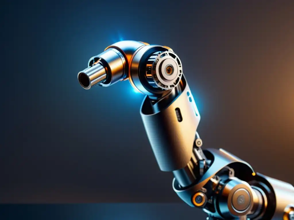 Robótica futurista: Detalle 8k del brazo con visión artificial Detalle de un brazo robótico futurista con sensores de visión por computadora menos conocido, reflejando luz ambiental
