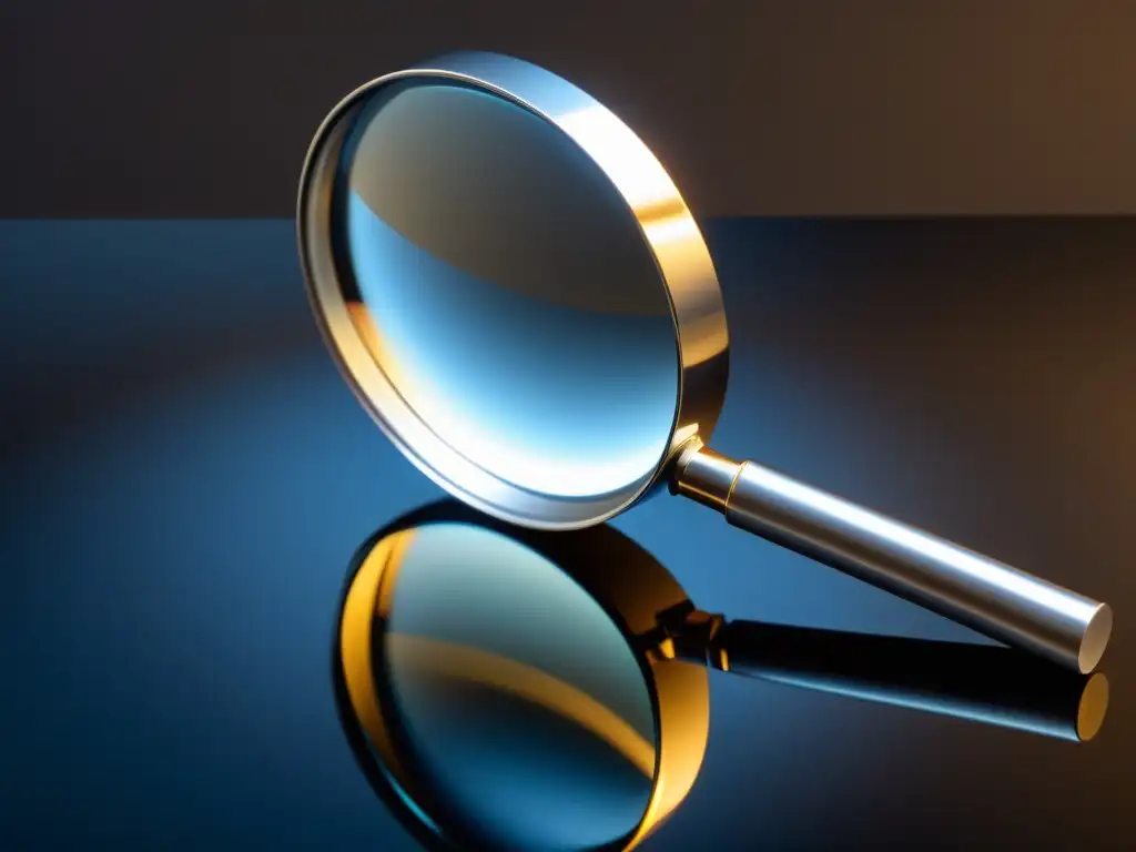 Exploración detallada: magnífico lente de plata revela vulnerabilidades Detalle del elegante y minimalista lente de aumento plateado sobre superficie oscura
