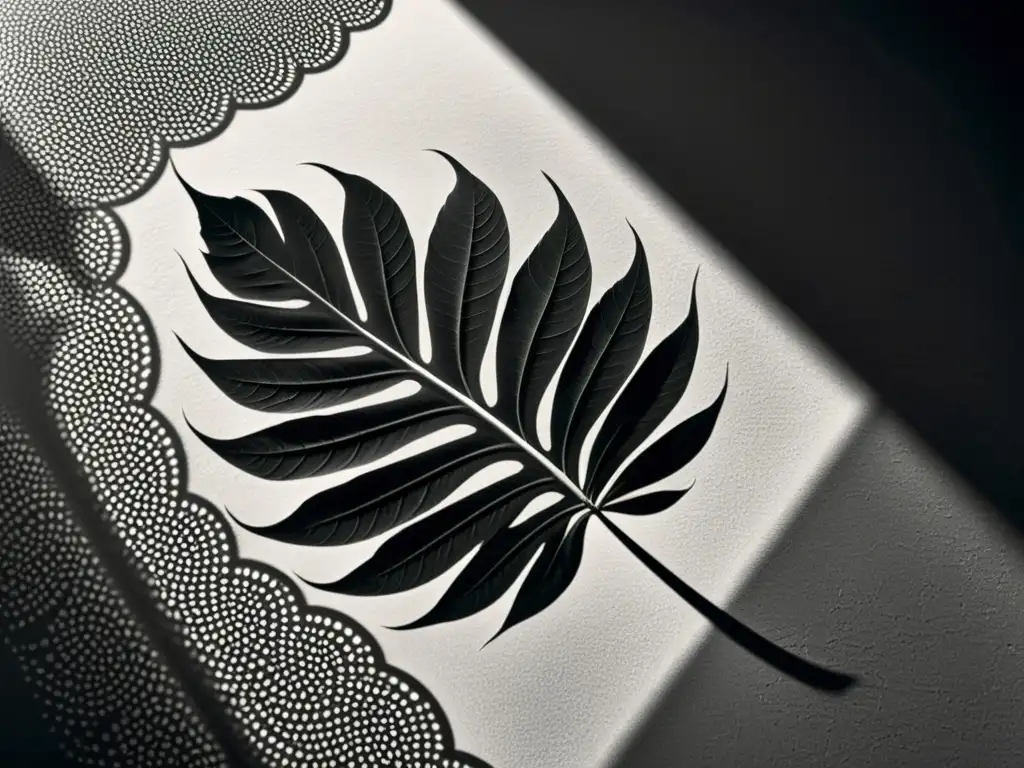 Intrincada sombra de hoja en blanco y negro Detalle impresionante de sombra de hoja en superficie texturizada en blanco y negro, evocando un software de efectos visuales menos conocido