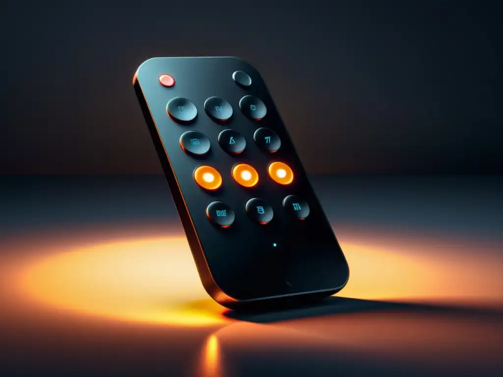 Control remoto futurista de luces suaves en 8k Un elegante dispositivo remoto futurista en negro mate, con botones iluminados, rodeado de una suave luz ambiental