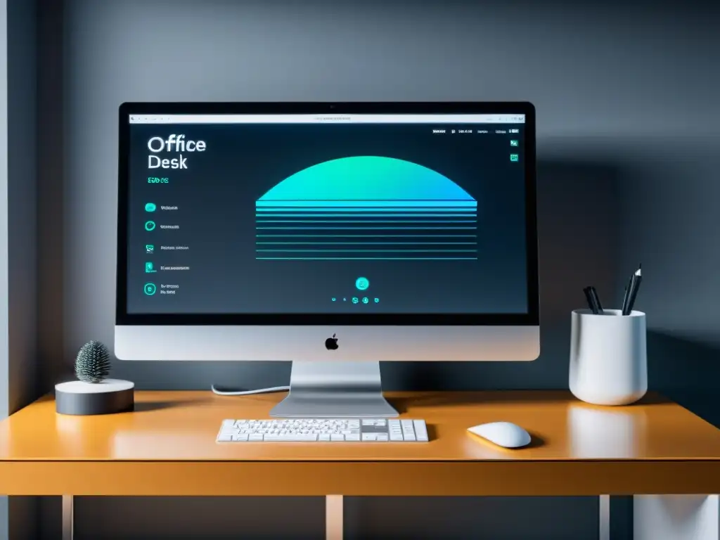Oficina minimalista con software innovador en 8k Un elegante escritorio de oficina con software menos conocido análisis profundo en un monitor, reflejando innovación y sofisticación en la atmósfera