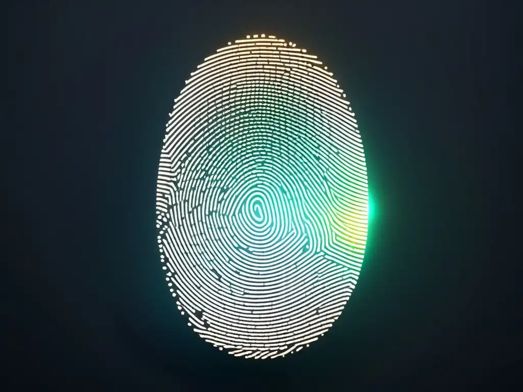 Escáner de huellas futurista: tecnología de identidad avanzada Escáner de huellas dactilares futurista con interfaz luminosa, en un fondo oscuro