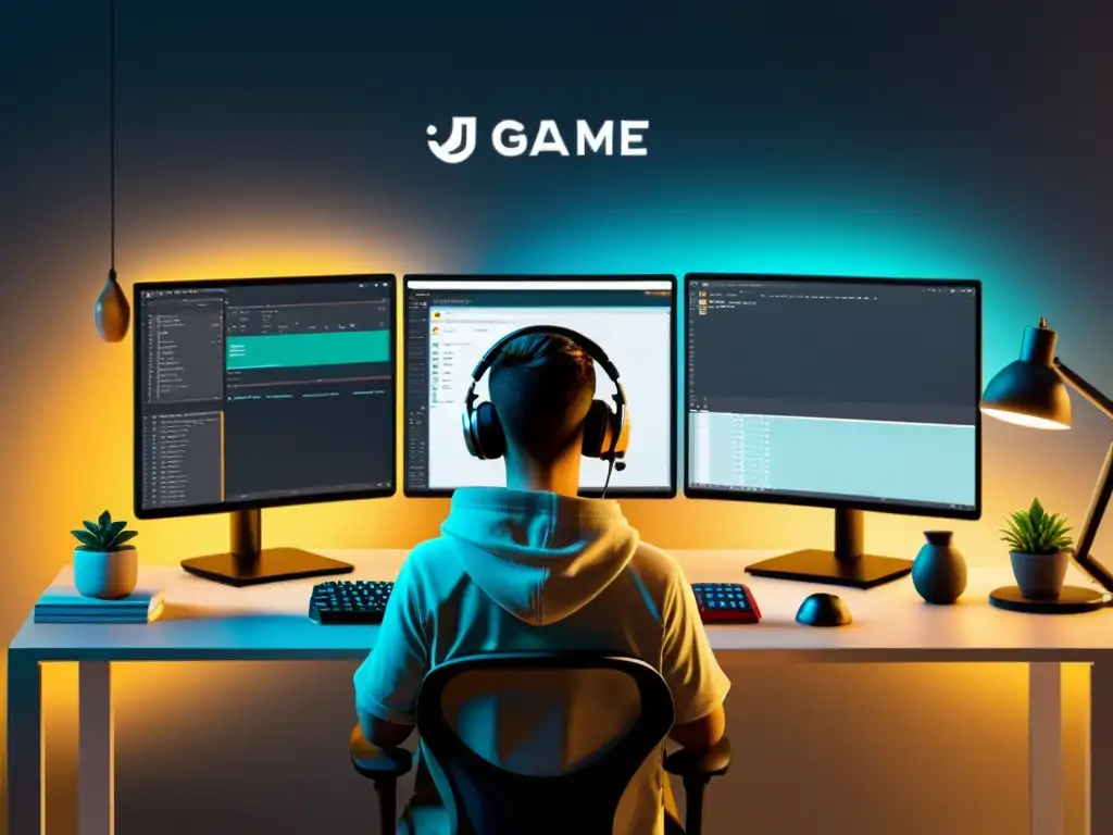Desarrollo de juego indie en Java: creatividad y precisión Escena de desarrollo de juegos indie Java, con programador, arte conceptual y mood board en un espacio moderno y minimalista
