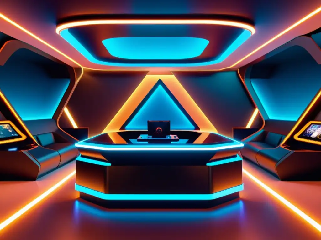 Entorno futurista de juego en 8K con efectos visuales vibrantes Escenario futurista de juego, 8K, en Urho3D: estructuras geométricas, luz vibrante y elementos de realidad virtual
