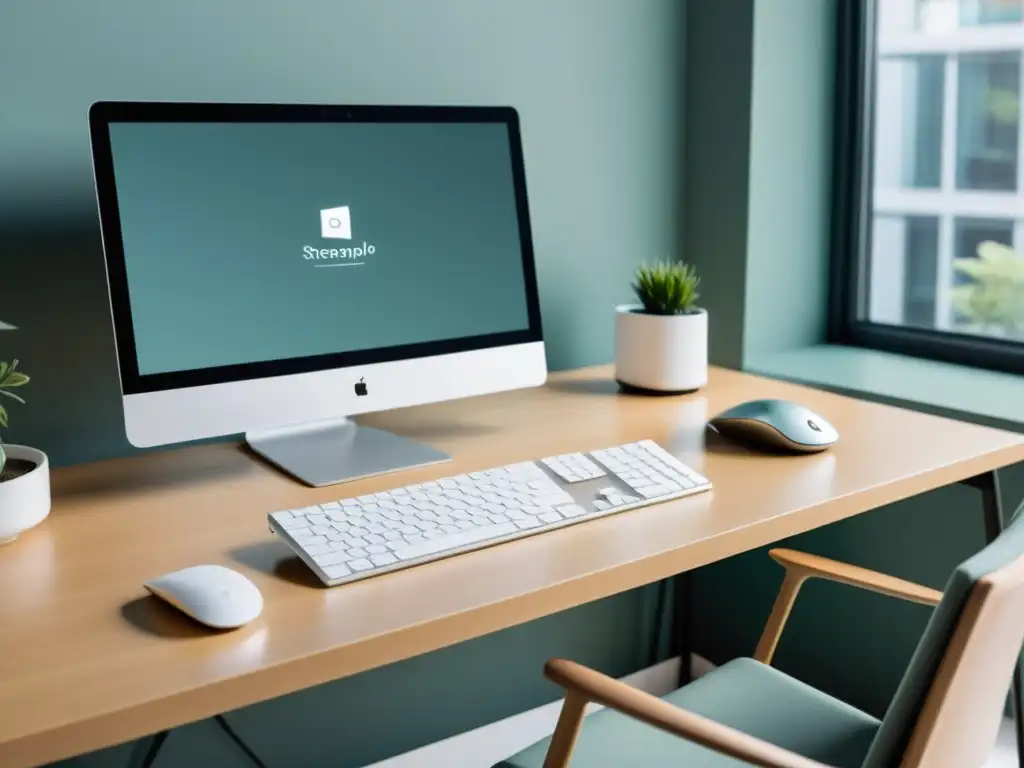 Interfaz de software de automatización de tareas: eficiencia elegante Escritorio minimalista con computadora, teclado y ratón