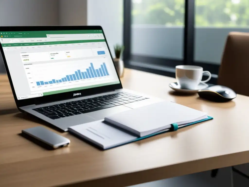 Escritorio minimalista para freelancers: eficiencia y profesionalismo Escritorio minimalista con laptop, cuaderno y pluma