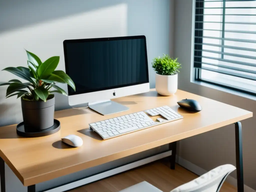 Escritorio minimalista con luz natural y plantas Escritorio moderno con ordenador minimalista y software de automatización de tareas