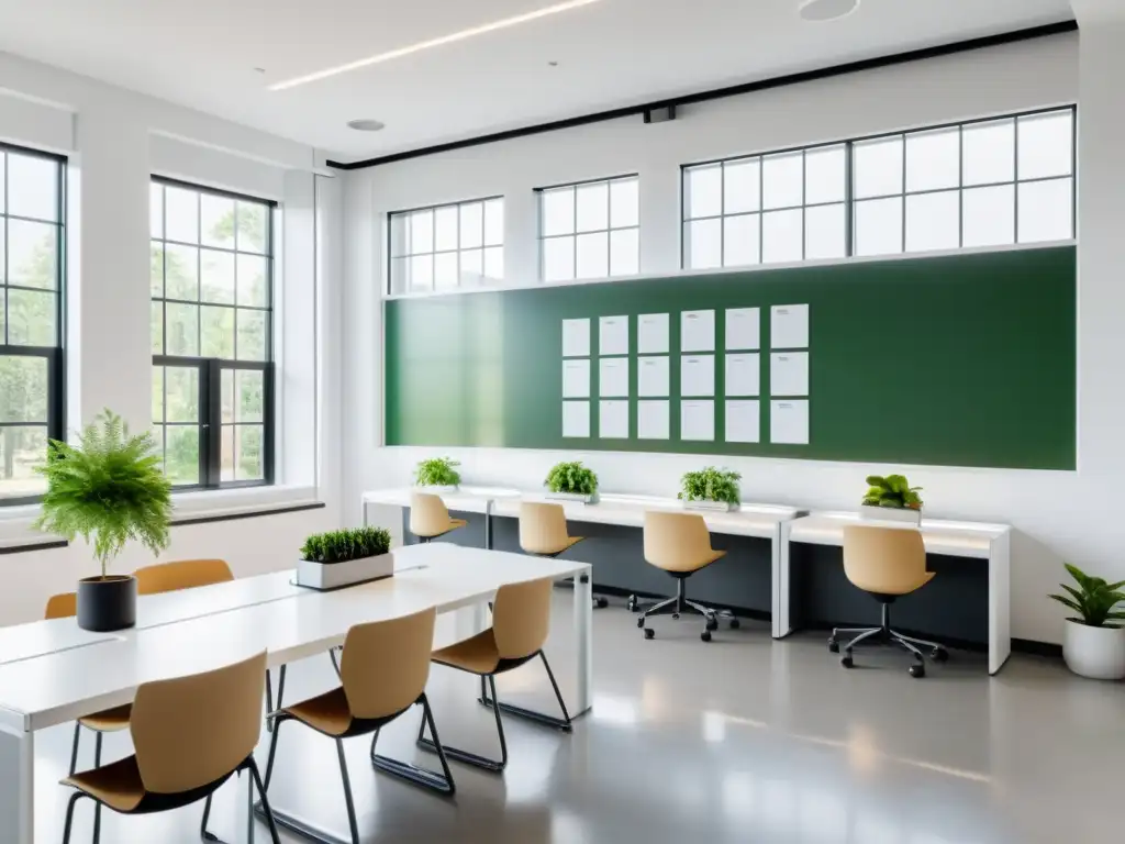 Aula minimalista con diseño contemporáneo y luz natural Espacio de aprendizaje moderno con mobiliario blanco, pizarrón interactivo y plantas