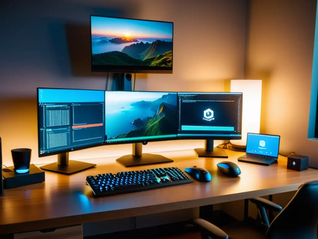 Entorno de desarrollo de juegos en 8k: profesional y enfocado Espacio de desarrollo de juegos indie Java con orden y elegancia, múltiples monitores y libros sobre diseño de juegos en un escritorio moderno