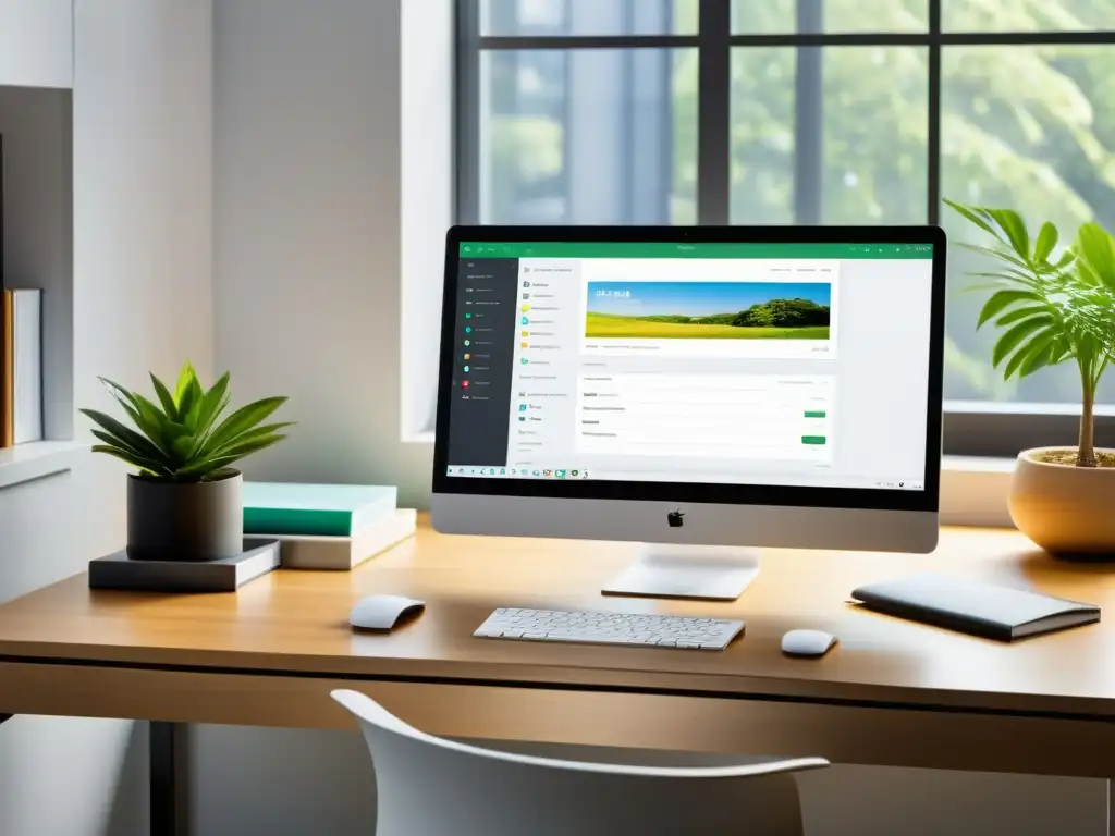 Oficina moderna con ClearBooks: eficiencia y profesionalismo Un espacio de oficina moderno y elegante con la interfaz de ClearBooks en la pantalla, rodeado de elementos elegantes y una planta