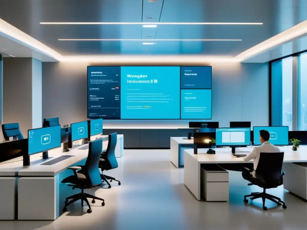 Espacio de trabajo futurista con tecnología de vanguardia Un espacio de trabajo futurista, tecnológico y minimalista con profesionales colaborando en soluciones de inteligencia empresarial, bañado en una suave luz natural que simboliza la naturaleza vanguardista del BI no convencional en sectores específicos