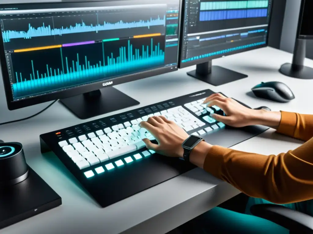Estación de trabajo del colorista: precisión y arte en color grading Un espacio de trabajo impecable de un colorista profesional, ajustando con precisión el panel de control