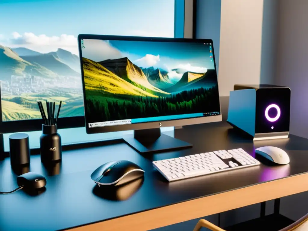 Escritorio minimalista con laptop Linux y entorno de desarrollo Espacio de trabajo minimalista con herramientas desarrollo juegos indie Linux en un entorno tranquilo y enfocado