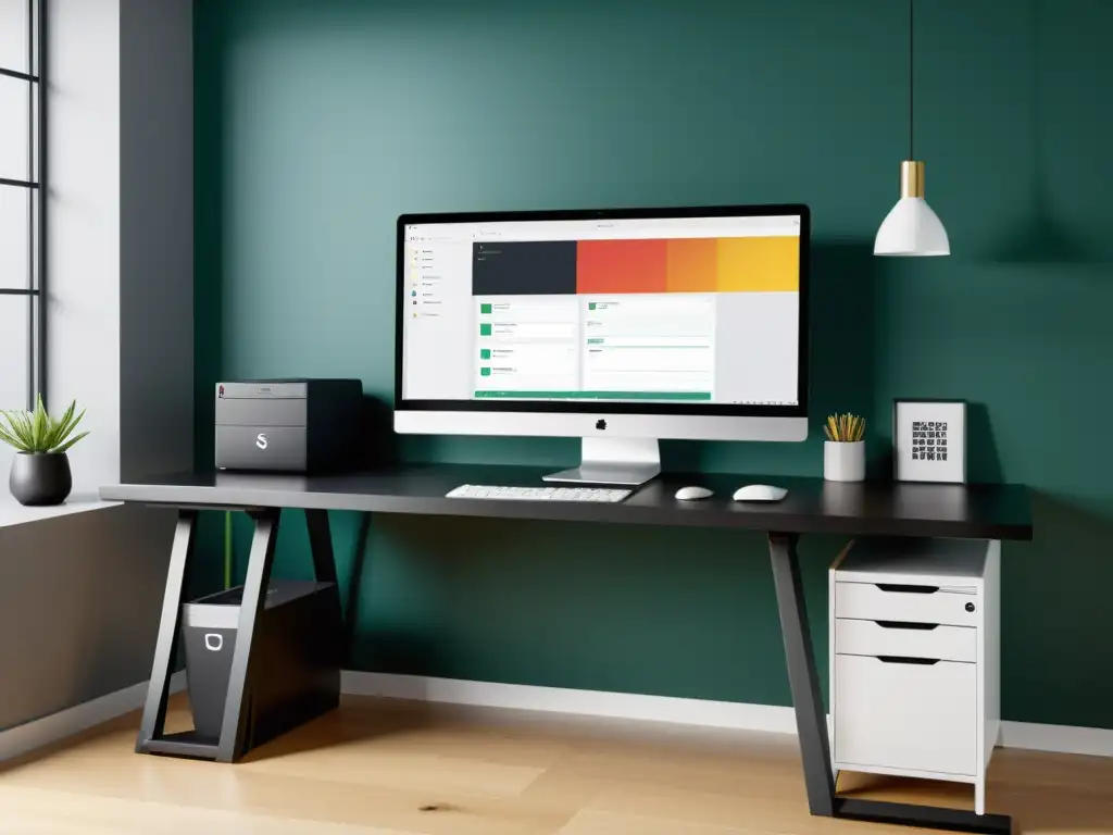 Workspace creativo con diseño gráfico impactante en Sumo Paint Un espacio de trabajo minimalista con un ordenador moderno mostrando un diseño gráfico impactante creado con Sumo Paint