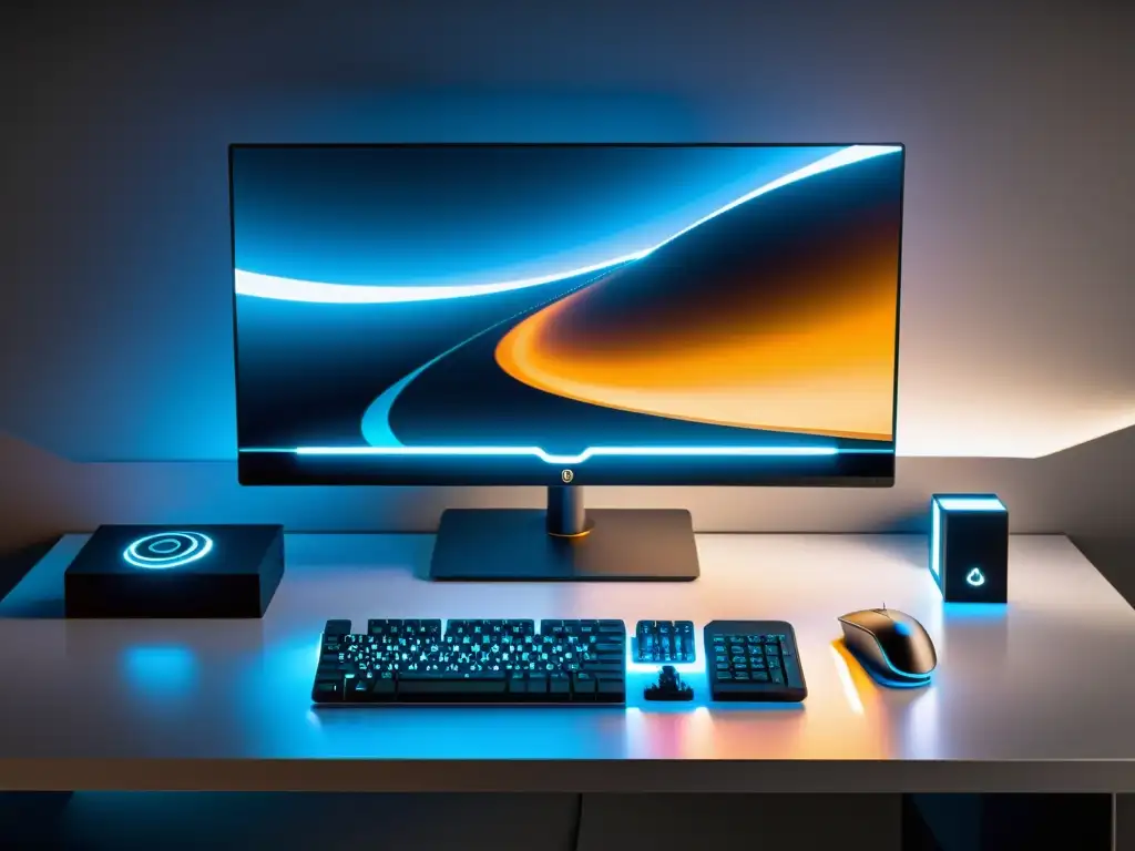 Estación de trabajo ultramoderna para desarrollo de juegos en Java Un espacio de trabajo moderno y eficiente para desarrollo de juegos indie en Java, con un monitor de alta resolución, teclado y ratón minimalistas, y una unidad de computadora potente en un entorno iluminado por luz ambiental suave