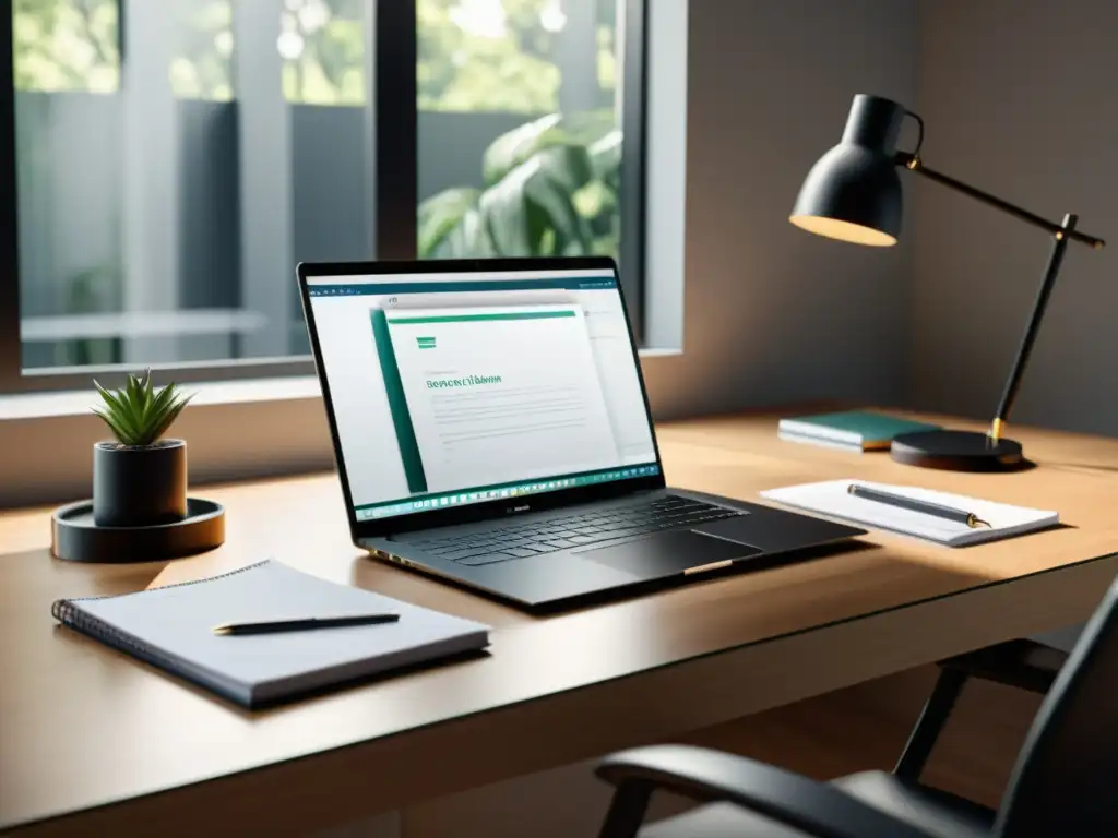 Escritorio moderno y minimalista con documentos financieros en 8k Un espacio de trabajo moderno y minimalista con documentos financieros organizados, iluminado por luz natural