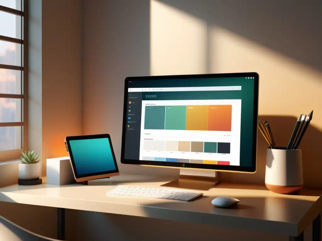 Diseño digital minimalista con Sumo Paint en un espacio contemporáneo Espacio de trabajo moderno con Sumo Paint diseño gráfico online, iluminado por luz natural y herramientas de diseño elegantes