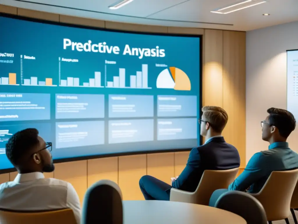 Estudiantes analizan gráficos de predicción educativa Estudiantes en círculo analizan gráficos de software análisis predictivo educación en aula moderna y luminosa